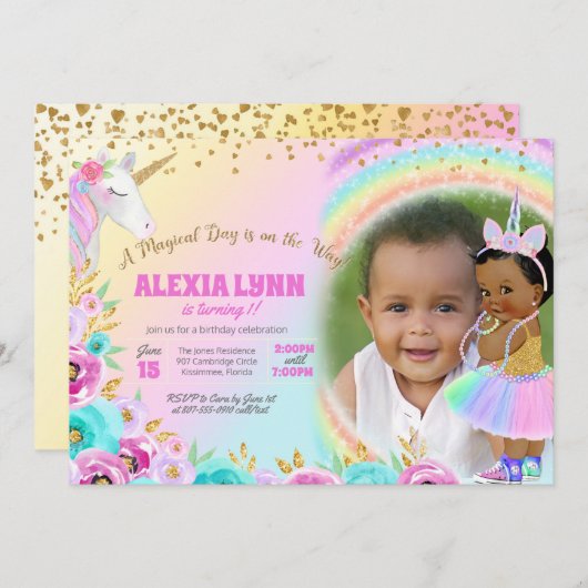 子供の誕生日ユニコーンマジカルデイベビーと写真 招待状 (正面/裏面)