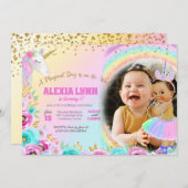 子供の誕生日ユニコーンマジカルデイベビーと写真 招待状 (正面/裏面)