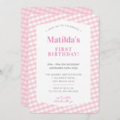 子供の誕生日ヴィンテージギンガムパターンガールピンク 招待状 (正面/裏面)