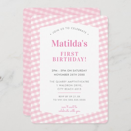 子供の誕生日ヴィンテージギンガムパターンガールピンク 招待状 (正面/裏面)