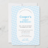 子供の誕生日ヴィンテージギンガムパターンボーイブルーInv 招待状 (正面)