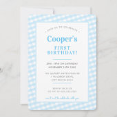 子供の誕生日ヴィンテージギンガムパターンボーイブルーInv 招待状 (正面)