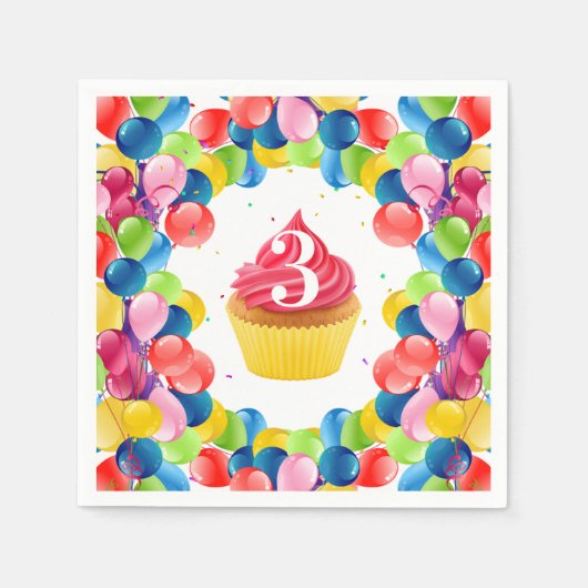 子供の誕生日任意の年齢カップケーキバルーンパーティー スタンダードカクテルナプキン (正面)