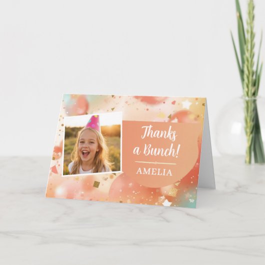 子供の誕生日写真ありがとうパステル色の紙吹雪 サンキューカード (正面)