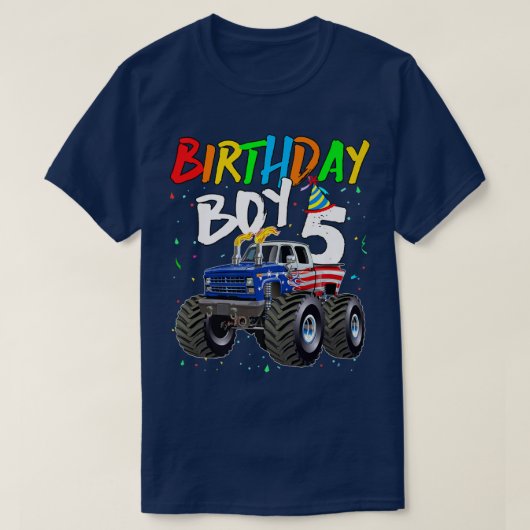 子供の誕生日少年5歳モンスタートラック国旗5t tシャツ (デザイン正面)