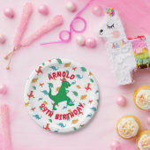 子供の誕生日恐竜Tレックスカラフル名前をカスタムする ペーパープレート (パーティー)