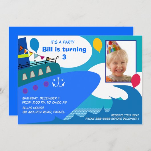 子供の誕生日招待状027:クルーズ船 招待状 (正面/裏面)