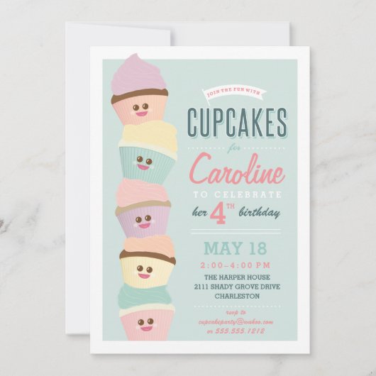 子供の誕生日招待状*カップケーキパーティー*パステル 招待状 (正面)
