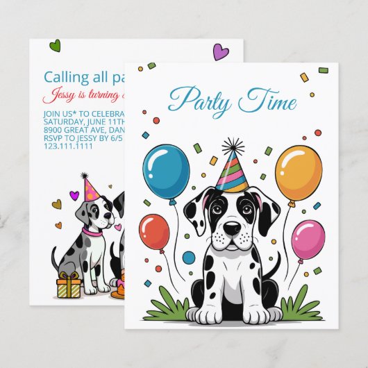 子供の誕生日招待状 グレートデーンの子犬 (正面/裏面)