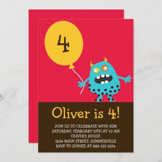 子供の誕生日招待状 – ブルーコキーモンスター 招待状 (正面/裏面)