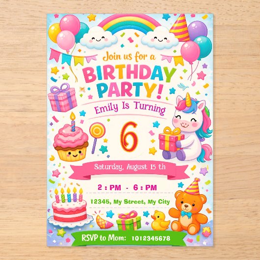 子供の誕生日招待状 | ユニコーン、風船 アクリル招待状 (正面)