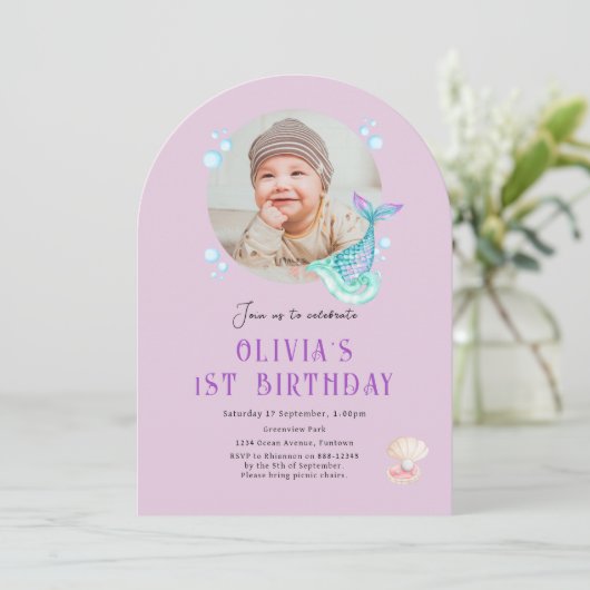 子供の誕生日招待状 写真 紫 招待状 (スタンド正面)