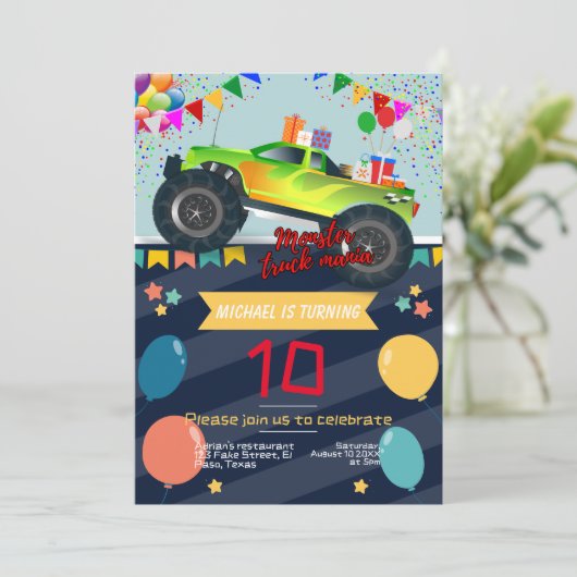 子供の誕生日招待:モンスタートラックマニア, QR 招待状 (スタンド正面)