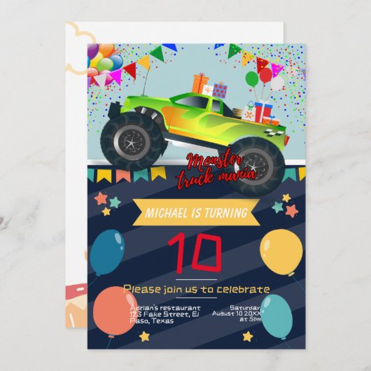 子供の誕生日招待:モンスタートラックマニア, QR 招待状 (正面/裏面)