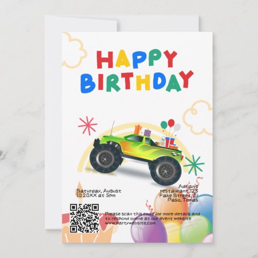 子供の誕生日招待:モンスタートラック, QR 招待状 (裏面)