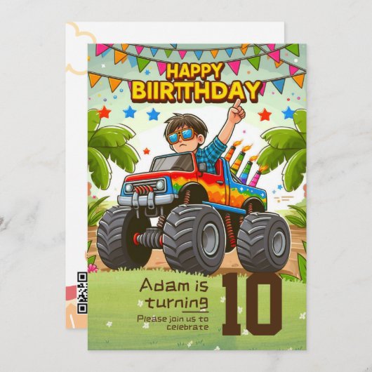 子供の誕生日招待:モンスタートラック, QR 招待状 (正面/裏面)