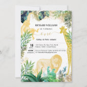 子供の誕生日野生動物ジャングルグリーン&金ゴールド 招待状 (正面)