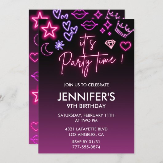 子供の誕生日9th誕生日グリッタースパークリー 招待状 (正面/裏面)