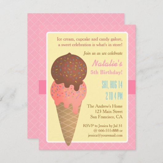 子供の誕生日、アイスクリームパーティの招待状 招待状 (正面/裏面)