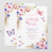 子供の誕生日 ピンクとパープルの蝶 招待状 (正面/裏面)