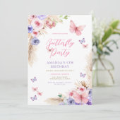 子供の誕生日 ピンク パープル 蝶々 招待状 (スタンド正面)