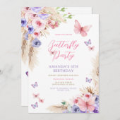 子供の誕生日 ピンク パープル 蝶々 招待状 (正面/裏面)