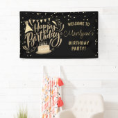 子供の誕生日 ブラックゴールドのラメ ウェルカム 横断幕 (インサイチュ)