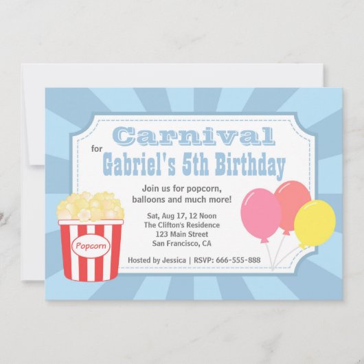 子供の誕生日 - ポップコーンと風船のカーニバル 招待状 (正面)