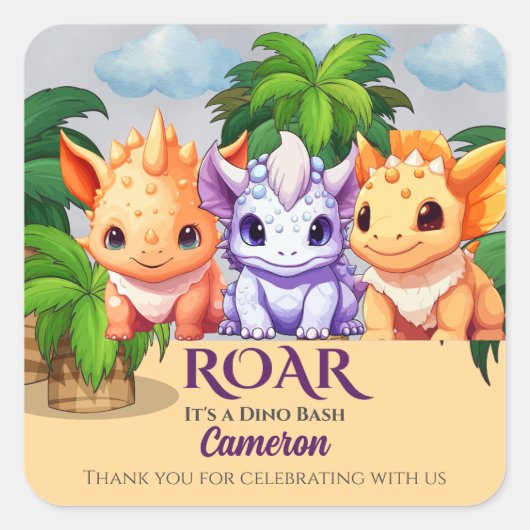 子供の誕生日 恐竜パーティ は Dino Bash なん歳でも スクエアシール (正面)