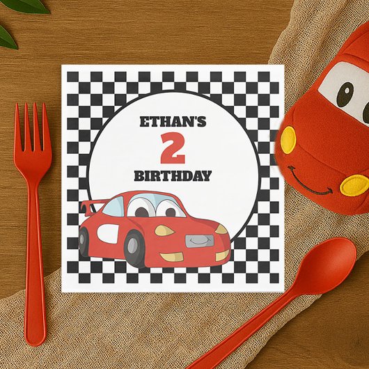 子供の赤いレーシングカー 2歳の誕生日パーティー スタンダードランチョンナプキン