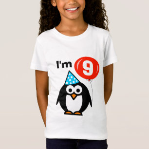 子供の赤い気球を持つ第9誕生日のワイシャツ のペンギン Tシャツ