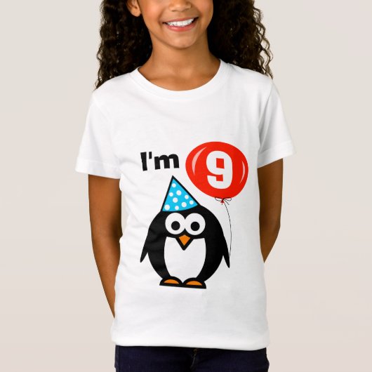 子供の赤い気球を持つ第9誕生日のワイシャツ|のペンギン Tシャツ (正面)