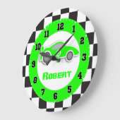 子供の車の市松模様に緑のフラグ名の壁時計 ラージ壁時計