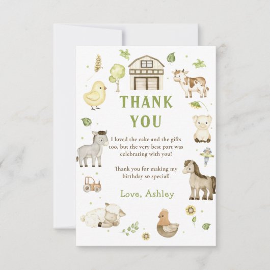 子供の農場動物テーマの誕生日お礼カード サンキューカード (正面)