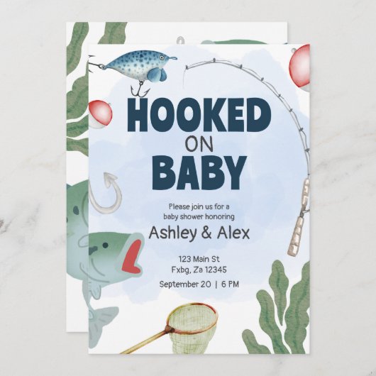 子供の釣りテーマのベビーシャワー招待状 招待状 (正面/裏面)