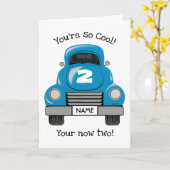 子供の青いトラックのパーソナライズな名前、バースデー・カード カード (黄色い花)