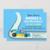 子供の青いレースカーの誕生日パーティー招待状 招待状 (正面/裏面)