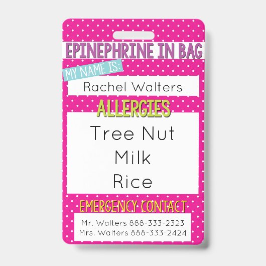 子供の食物アレルギー医療アレルギーの警告 バッジ (Front)