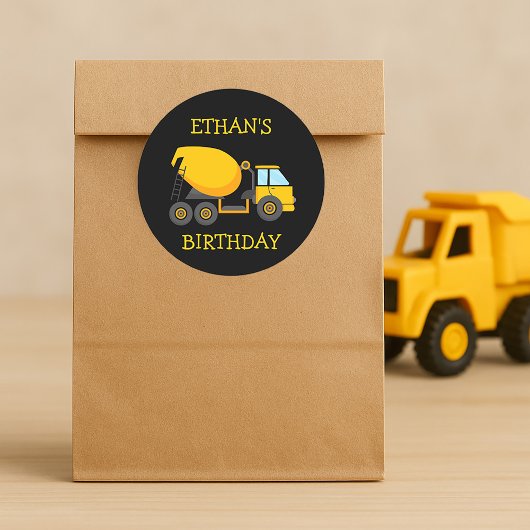子供の黄色いセメントトラック 黒 誕生日パーティー ラウンドシール