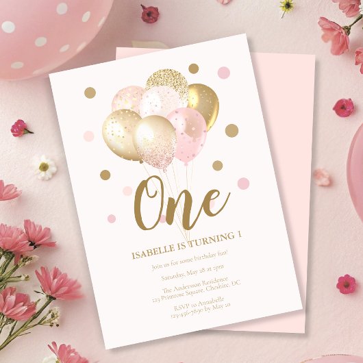 子供の1歳の誕生日ピンク風船パーティー 招待状