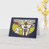 子供の2回目の誕生日今日は2人目！かわいい牛 カード (黄色い花)