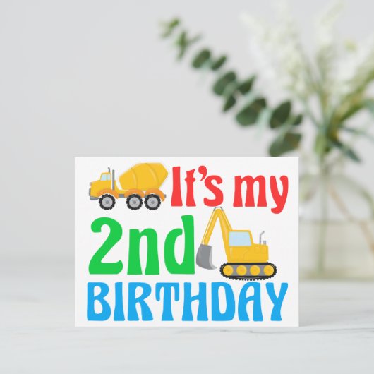 子供の2歳の誕生日 男の子 建設車両 ポストカード (スタンド正面)