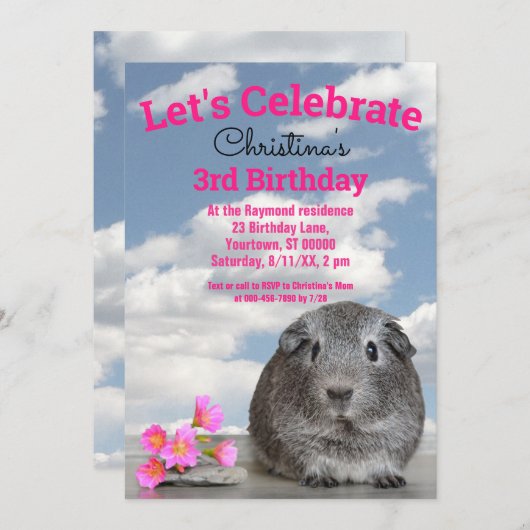 子供の3歳の誕生日パーティーモルモット花 招待状 (正面/裏面)
