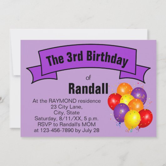 子供の3歳の誕生日パーティーモルモット風船 招待状 (裏面)