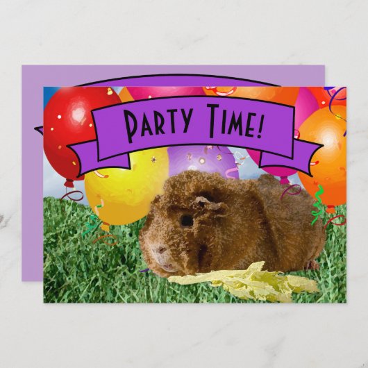 子供の3歳の誕生日パーティーモルモット風船 招待状 (正面/裏面)