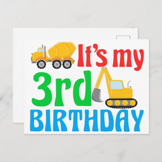 子供の3歳の誕生日パーティー 男の子 建設車両 ポストカード (正面/裏面)