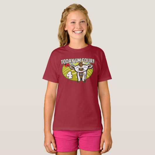 子供の4歳の誕生日今日は4歳！かわいい牛 Tシャツ (正面フル)