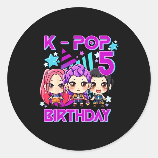子供の5歳の誕生日おめでとうかわいいちびキャラKpop ラウンドシール (正面)