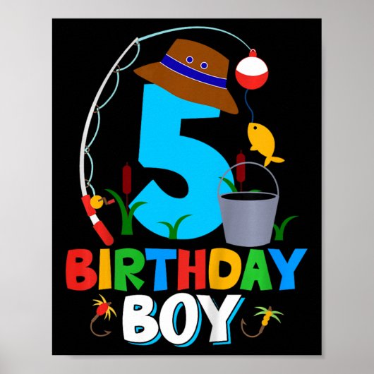 子供の5歳の誕生日Tシャツ 少年 釣り 魚 誕生日パーティー ポスター (正面)