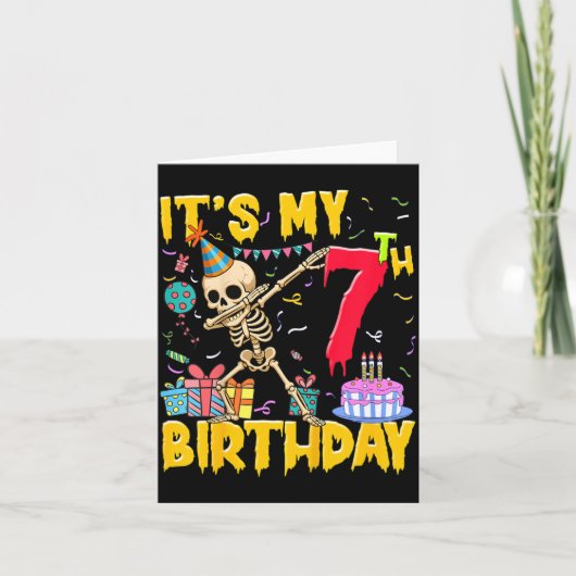 子供の7歳の誕生日パーティーハロウィンスケルトン カード (正面)
